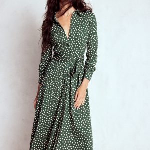 Marcia Jersey Shirt Dress-Hunter Green, Painted Dot